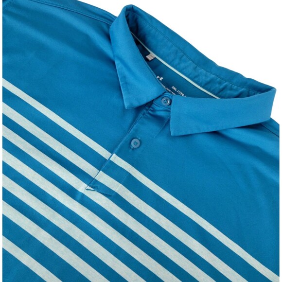 Under Armour Heatgear Polo Shirt Men 3XL Loose Fit Blue Striped Performance Golf - Picture 1 of 11